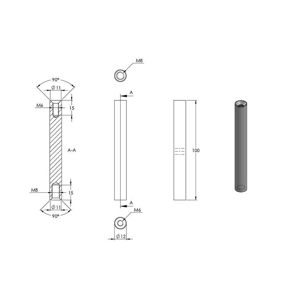 ø 12mm Stift, mit M8 x 15mm Innengewinde unten und M6 x 15mm Innengewinde oben, Länge 100mm