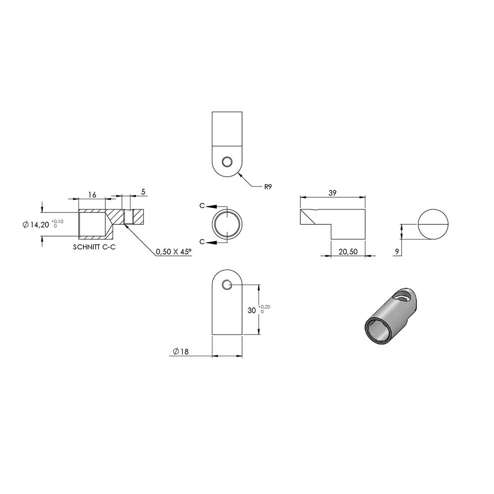 Stab-Verbindungsstück ø 18mm, flexibel, für Stab ø 14 mm, zum Kleben