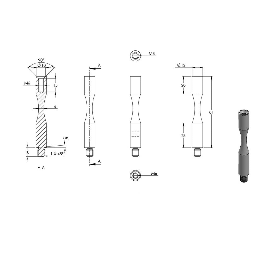ø 12mm Stift zum Biegen, mit M8 x 10mm Außengewinde unten und M6 x 15mm Innengewinde oben, Länge 81mm