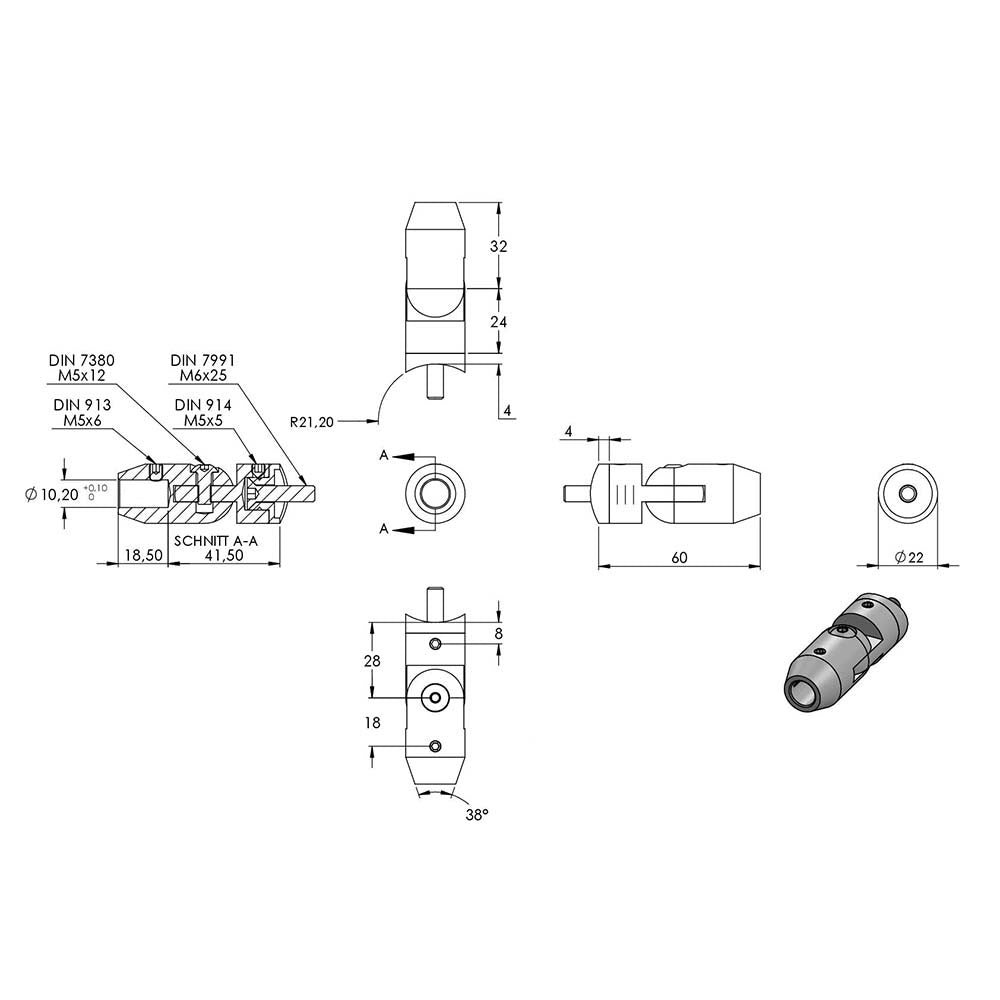 Querstabhalter mit Gelenk, Anschluss ø 42,4mm Rohr, für Stab ø 10 mm
