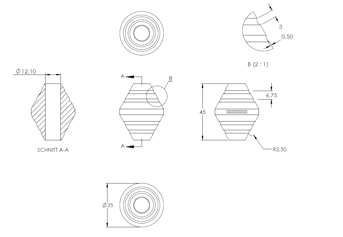 Edelstahl-Zierhülse, 45mm Höhe, 35mm Breite, mit 12,2mm Durchgangsbohrung