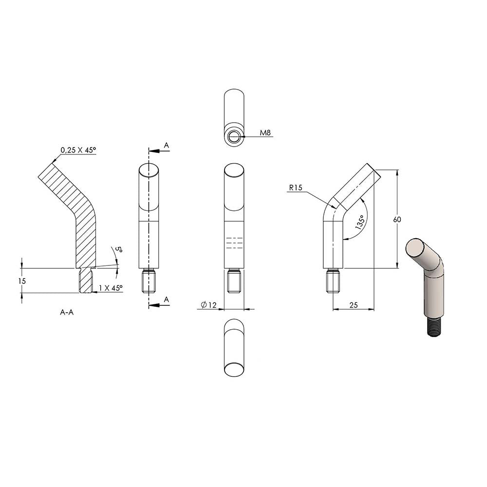 ø 12mm Stift 135° gebogen, mit M8 x 15mm Außengewinde unten und zum Anschweißen oben