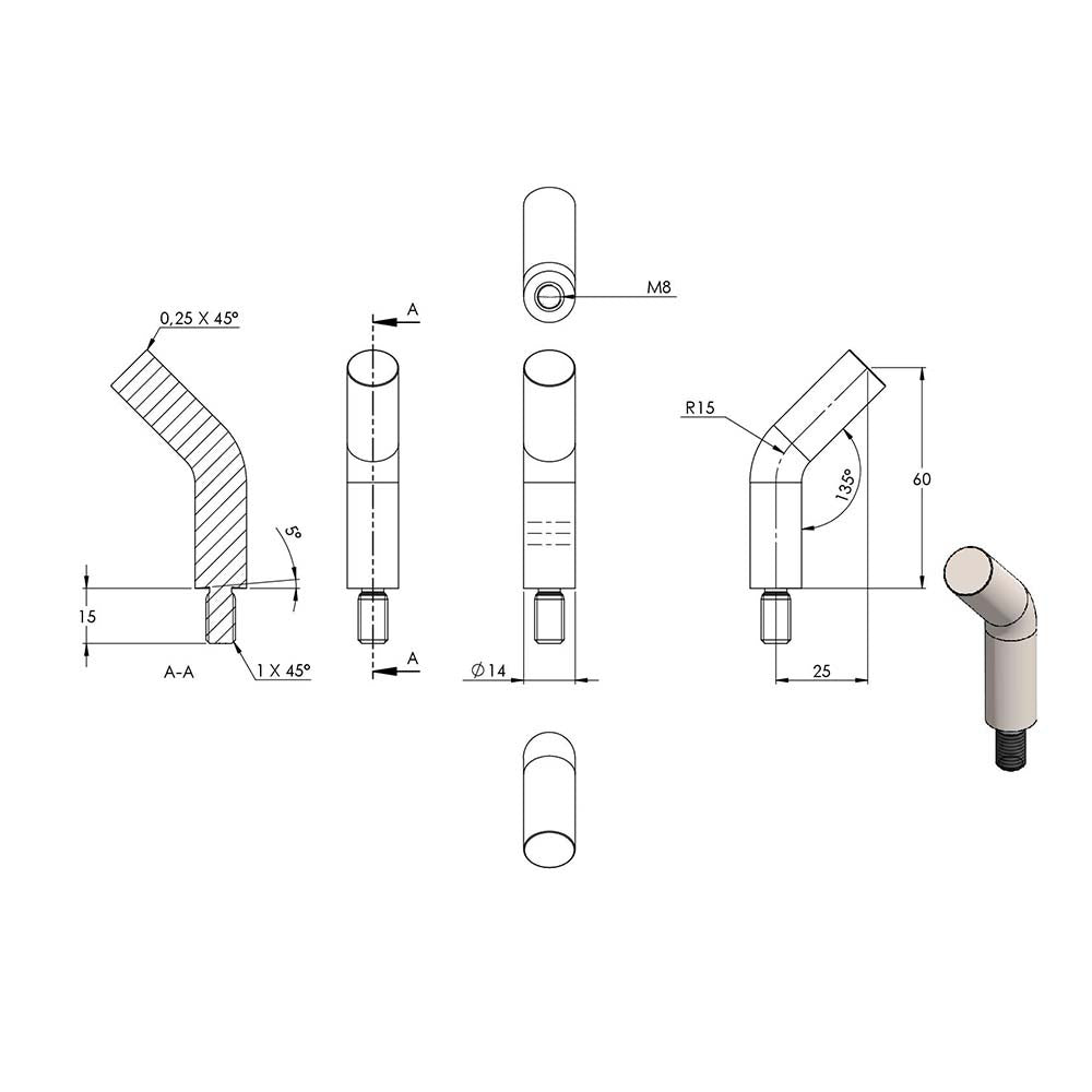 ø 14mm Stift 135° gebogen, mit M8 x 15mm Außengewinde unten und zum Anschweißen oben