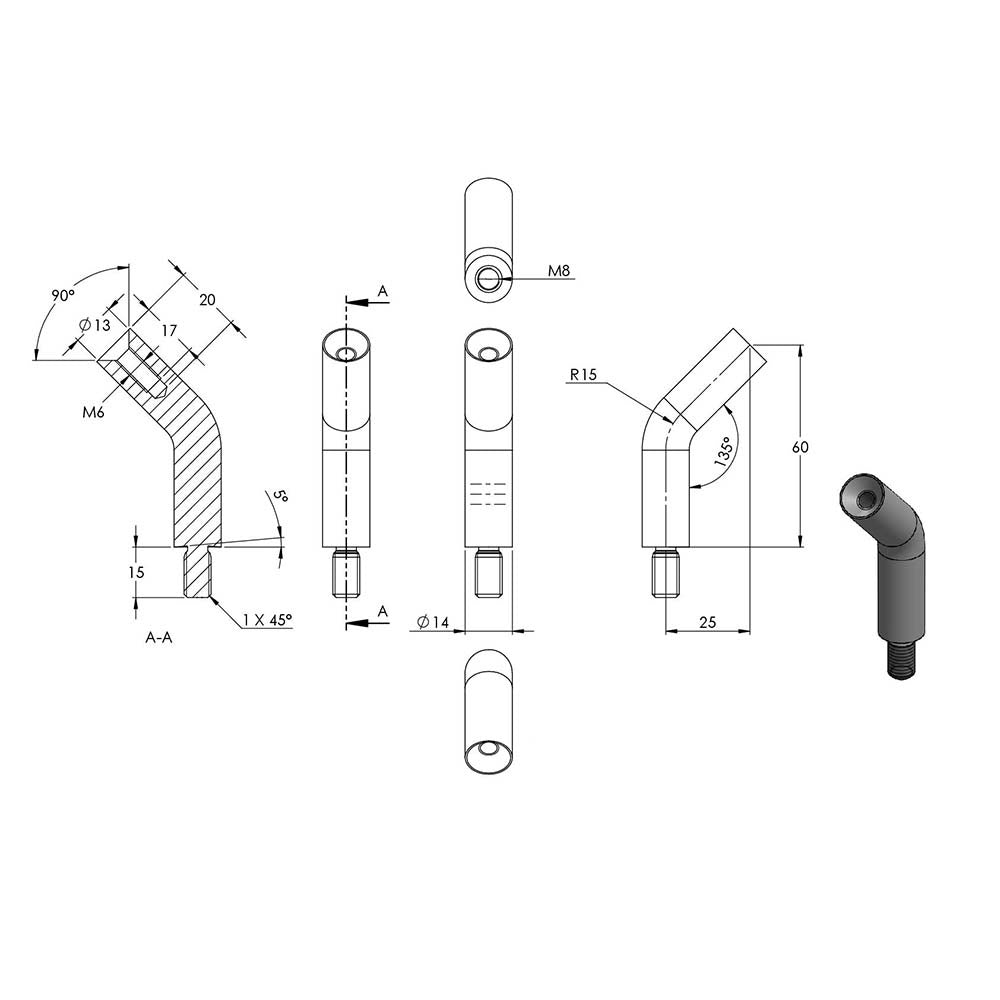 ø 14mm Stift 135° gebogen, mit M8 x 15mm Außengewinde unten und M6 x 20mm Innengewinde oben