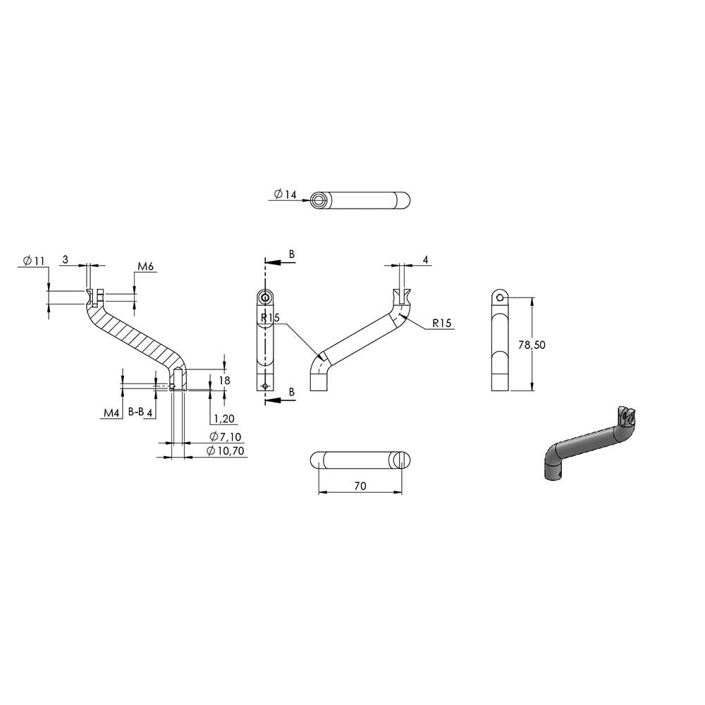 Bügel ø 14mm, 360° drehbar mit verstellbarem Gelenk, mit M8 Außengewinde unten und M6 Innengewinde oben, Höhe 100mm