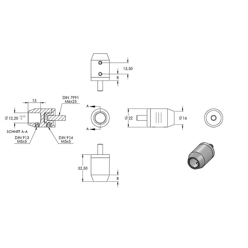 Querstabhalter ø 22mm zum Stoßen von vorne, Anschluss flach, für Stab ø 12 mm