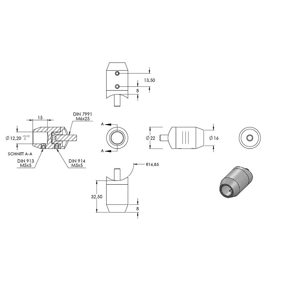 Querstabhalter ø 22mm zum Stoßen von vorne, Anschluss ø 33,7mm Rohr, für Stab ø 12 mm