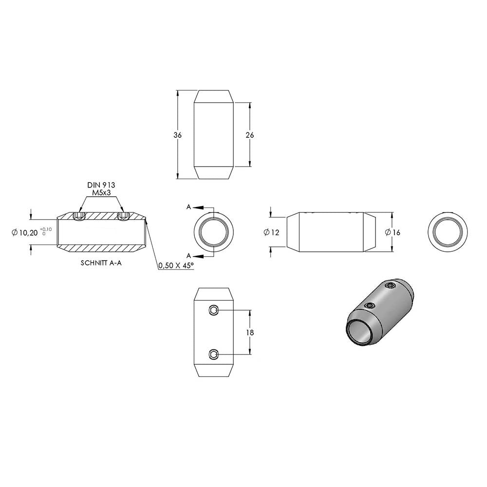 Stab-Verbindungsstück, Durchmesser ø 16mm, für Stab ø 10 mm