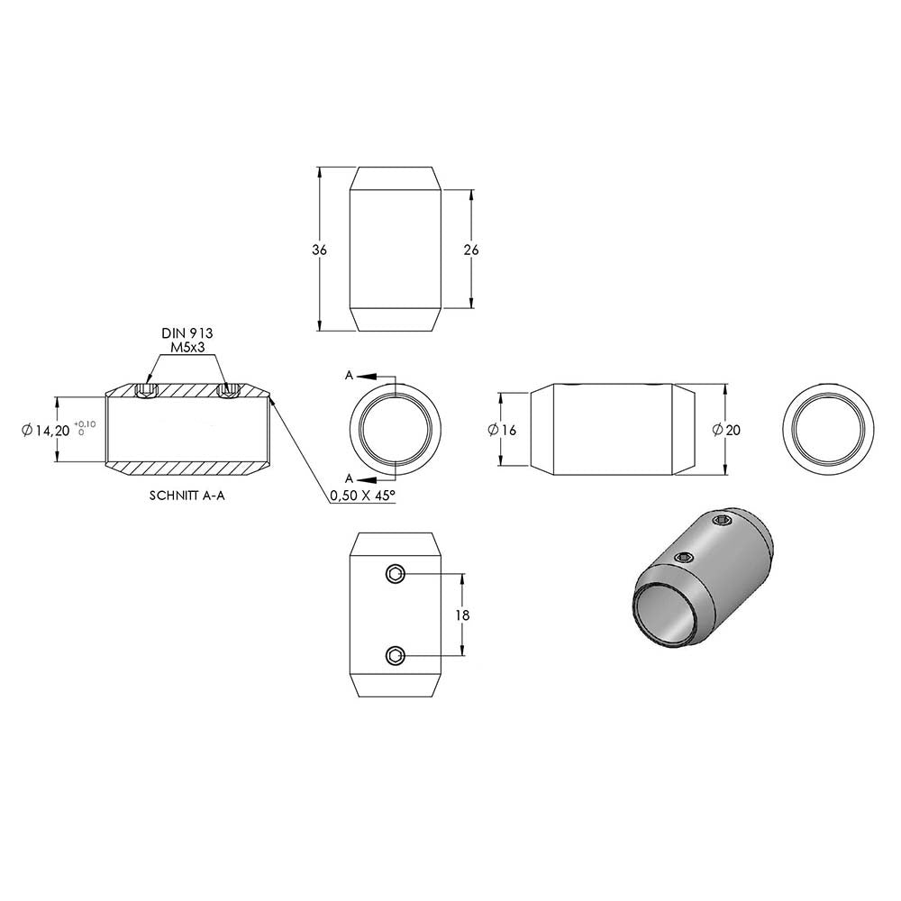 Stab-Verbindungsstück, Durchmesser ø 20mm, für Stab ø 14 mm