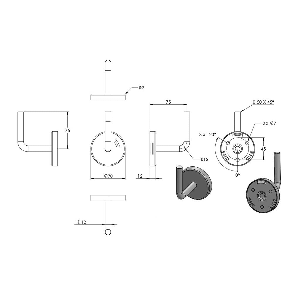 Handlaufhalter zur Wandbefestigung mit verschweißter Ronde und 70 x 4mm Rosette, zum Anschweißen in V4A