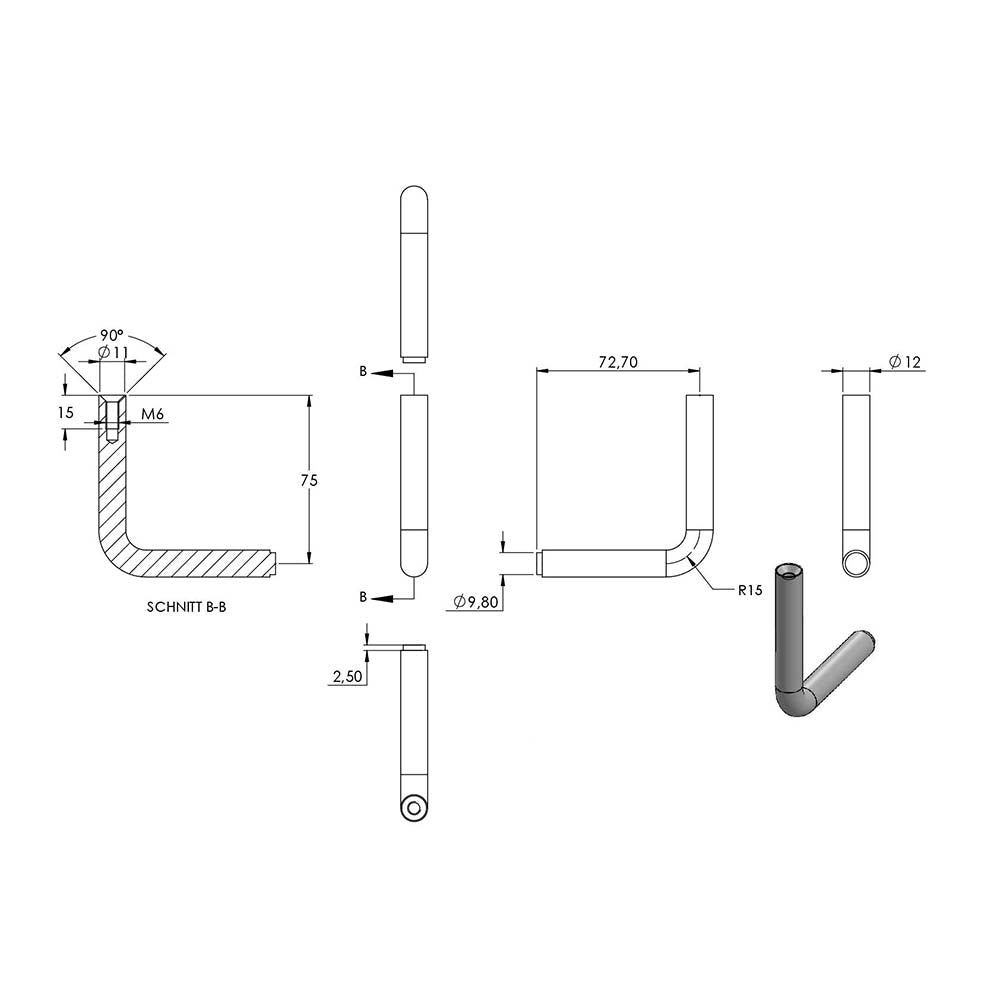 Handlaufhalter zur Wandbefestigung inkl. Cliprosette 70 x 12mm, für Rohr ø 42,4mm