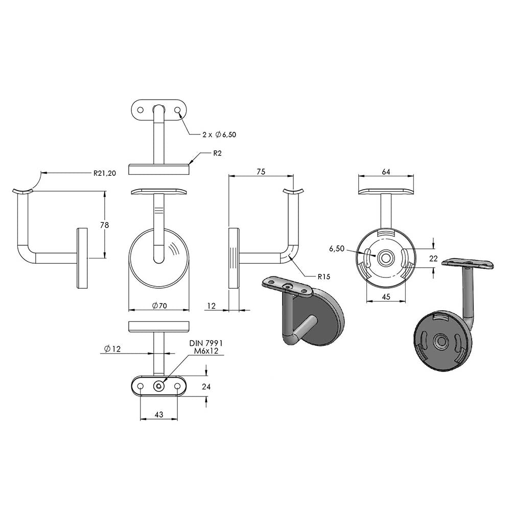 Handlaufhalter zur Wandbefestigung inkl. Cliprosette 70 x 12mm, für Rohr ø 42,4mm, mit Langlöchern