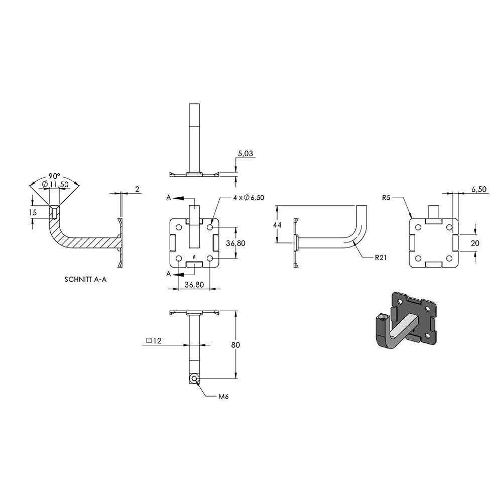 Handlaufhalter zur Wandbefestigung inkl. Cliprosette 60 x 60 x 11,5mm, für Rohr ø 42,4mm