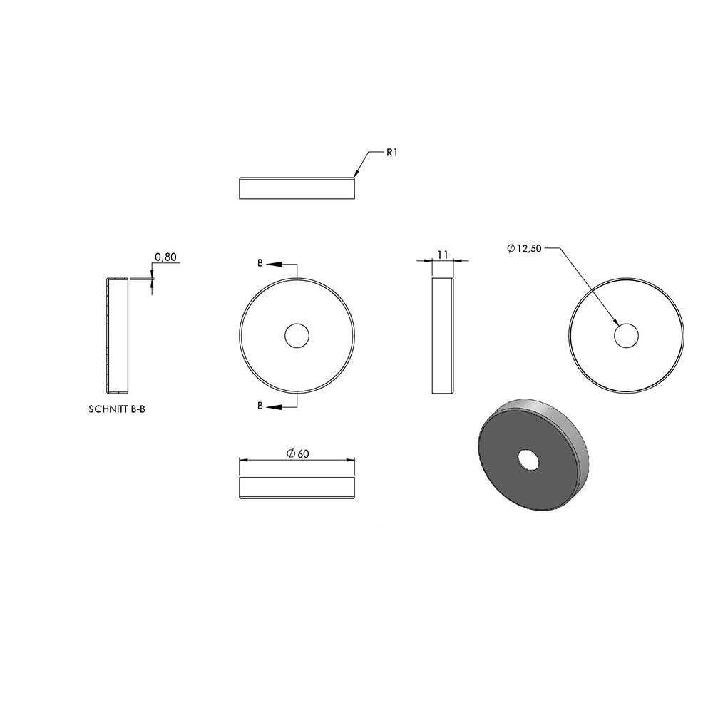 Handlaufhalter zur Wandbefestigung, mit verschweißter 60 x 3mm Ronde und Clip-Rosette, mit Außengewinde M12