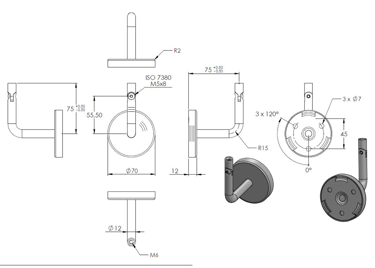 Handlaufhalter flexibel zur Wandbefestigung, mit verschweißter 70 x 2mm Ronde und Clip-Rosette, mit Innengewinde M6