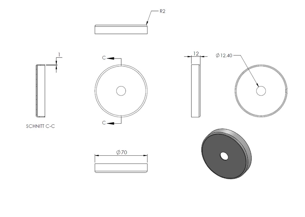 Handlaufhalter flexibel zur Wandbefestigung, mit verschweißter 70 x 2mm Ronde und Clip-Rosette, mit Innengewinde M6