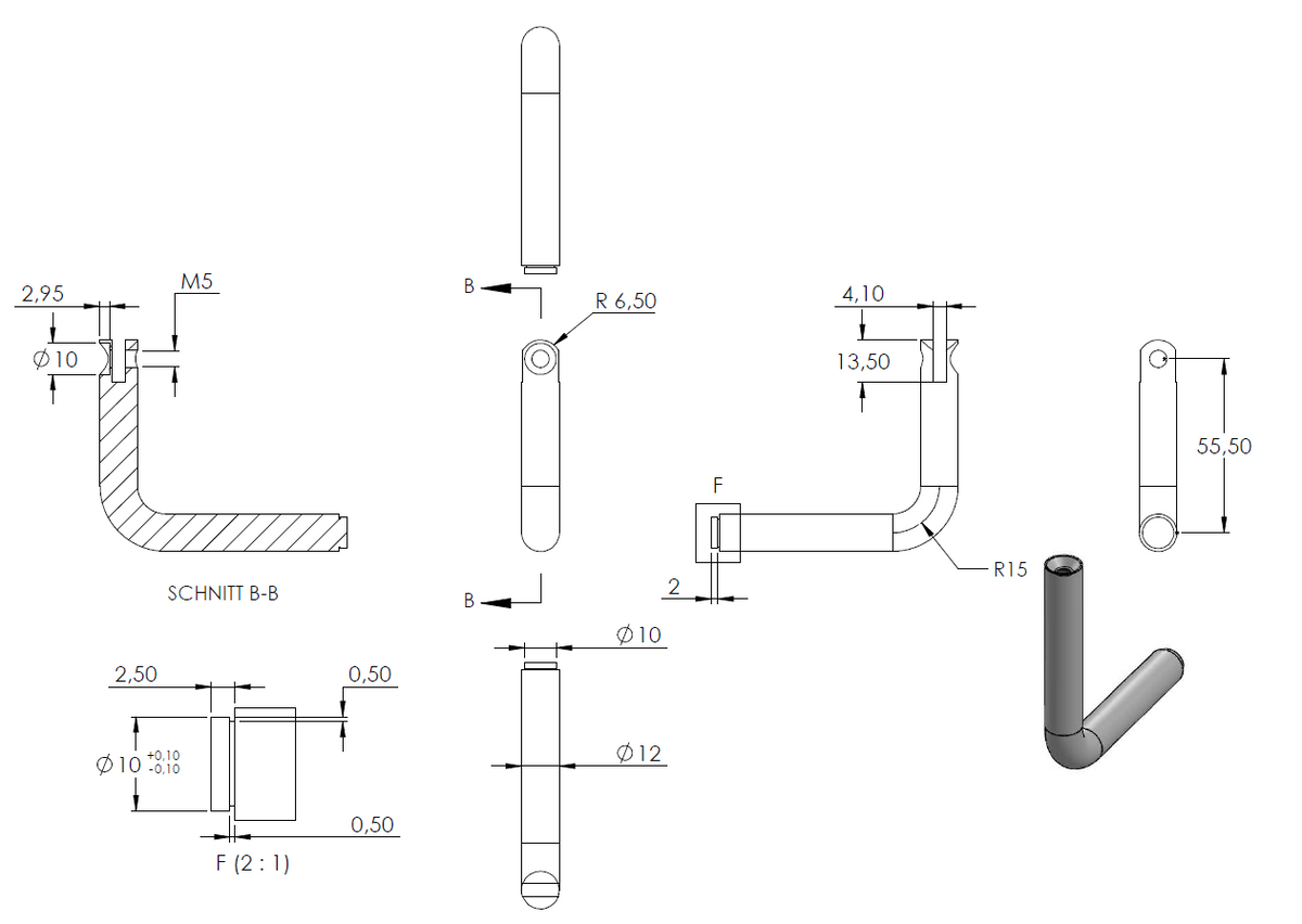 Handlaufhalter flexibel zur Wandbefestigung, mit verschweißter 70 x 2mm Ronde und Clip-Rosette, mit Innengewinde M6