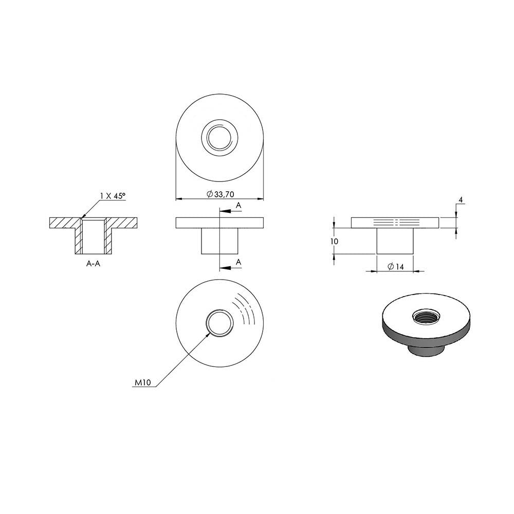 Platte mit M10 Innengewinde, zum Aufschweißen, für Rohr ø 33,7mm