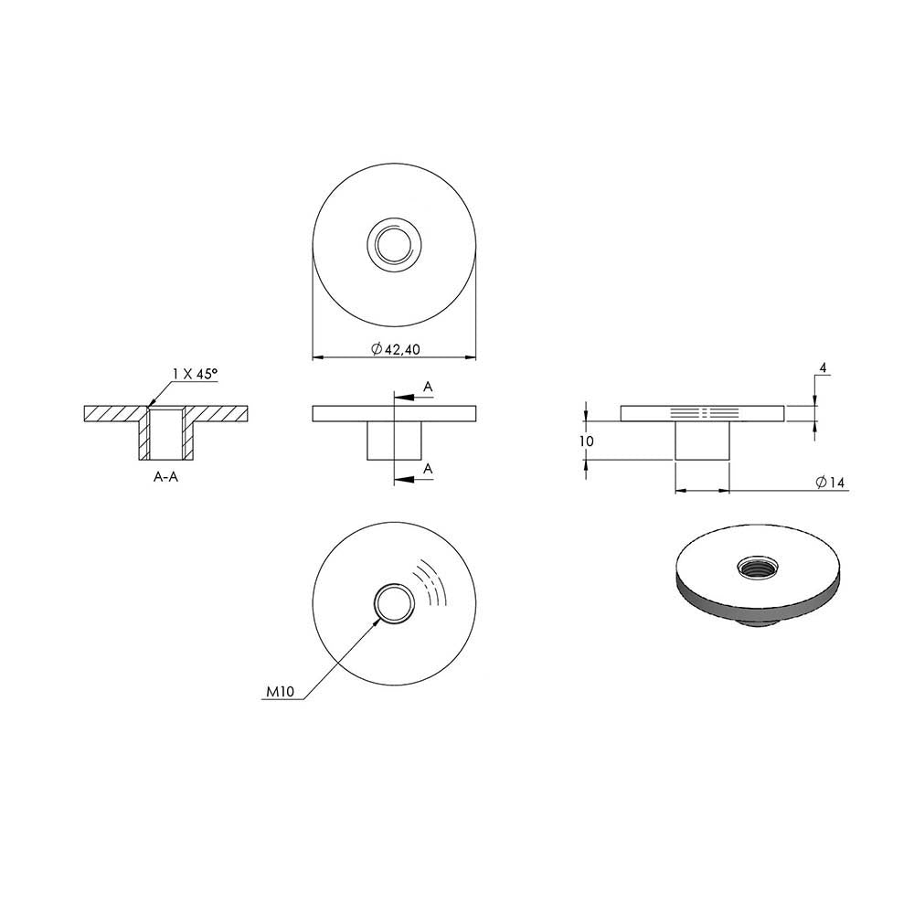 Platte mit M10 Innengewinde, zum Aufschweißen, für Rohr ø 42,4mm