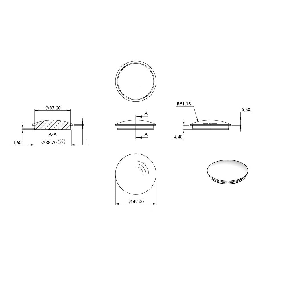 Endkappe leicht gewölbt mit Nase, massiv, für Rohr ø 42,4 x 2,0mm, zum Einschlagen