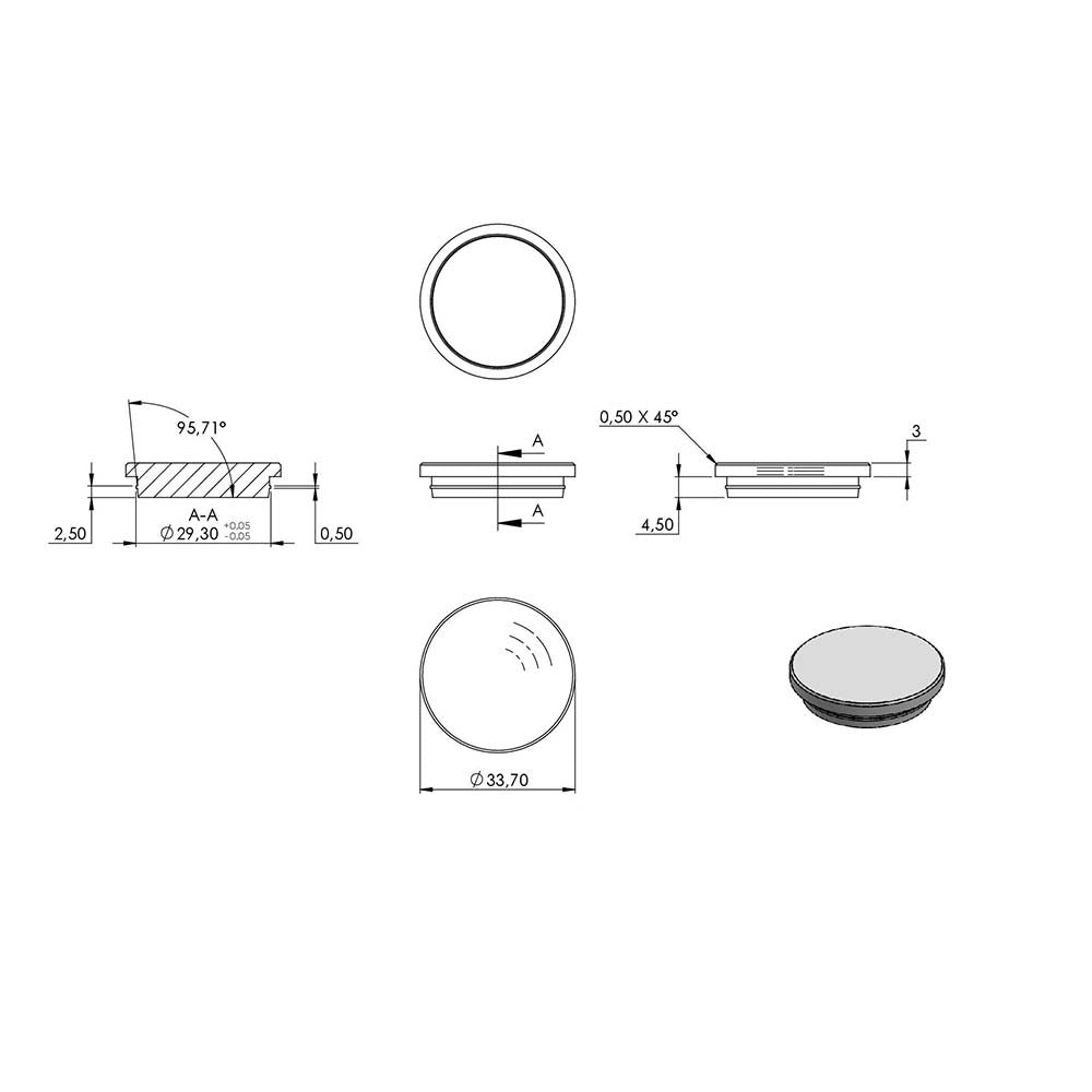 Endkappe flach (unten verjüngt), für Rohr ø 33,7 x 2,6mm, massiv mit Nase, zum Einschlagen
