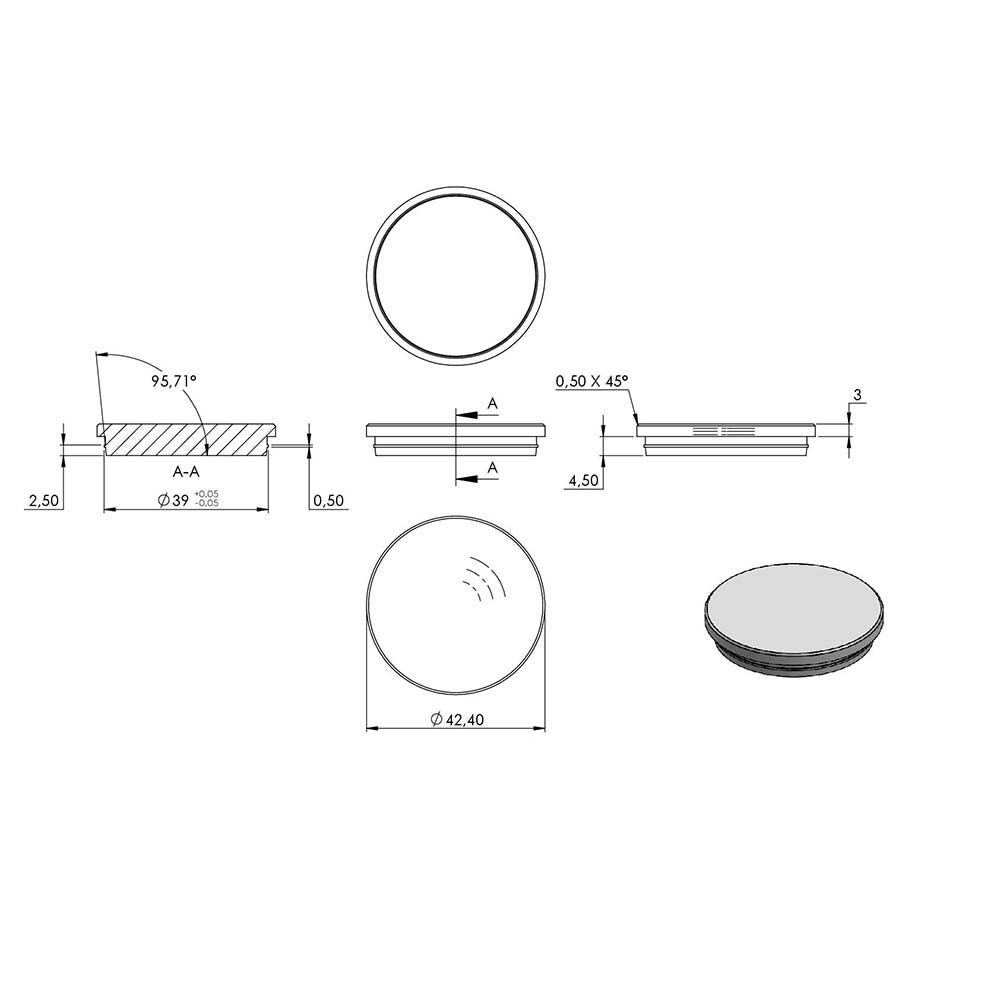 Endkappe flach (unten verjüngt), für Rohr ø 42,4 x 2,0mm, massiv mit Nase, zum Einschlagen
