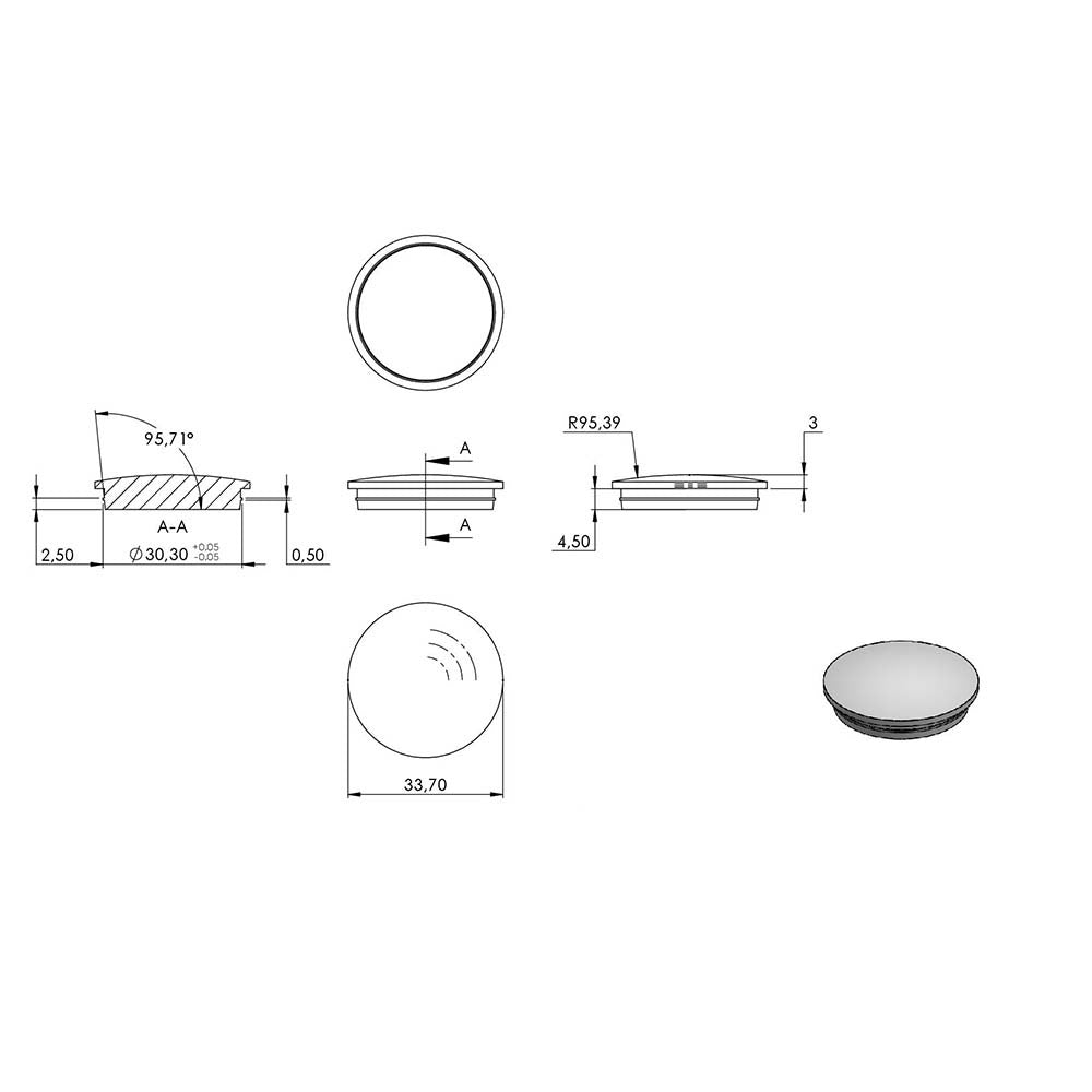 Endkappe leicht gewölbt (unten verjüngt), für Rohr ø 33,7 x 2,0mm, massiv mit Nase, zum Einschlagen