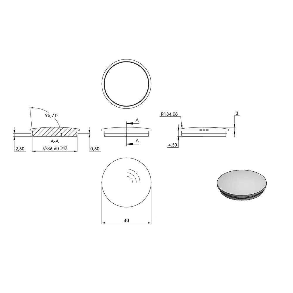 Endkappe leicht gewölbt (unten verjüngt), für Rohr ø 40,0 x 2,0mm, massiv mit Nase, zum Einschlagen