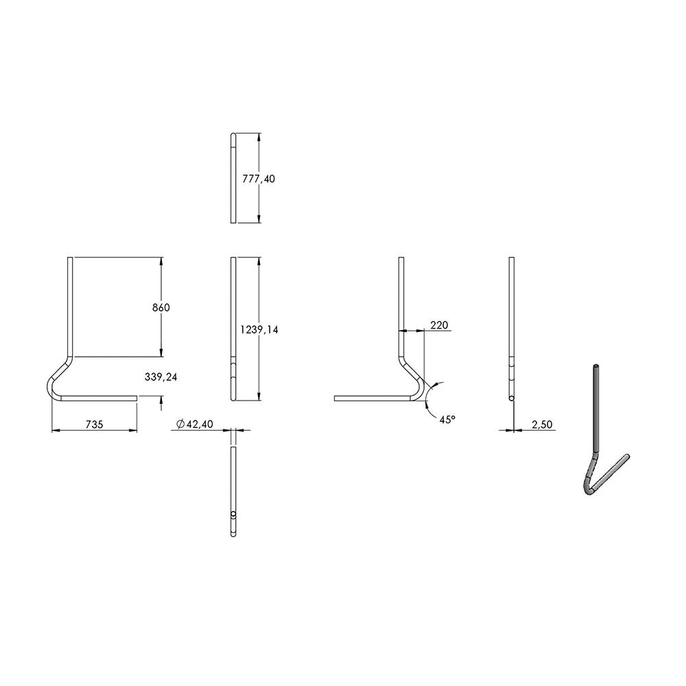Pfosten gebogen, Variante 3, Rohr ø 42,4mm x 2,5mm, aus V2A Edelstahl
