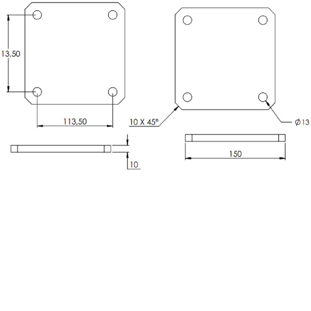 Ankerplatte 150 x 150mm, Stärke 10mm, mit vier ø 13mm Rundlöcher, gelasert, Stahl roh