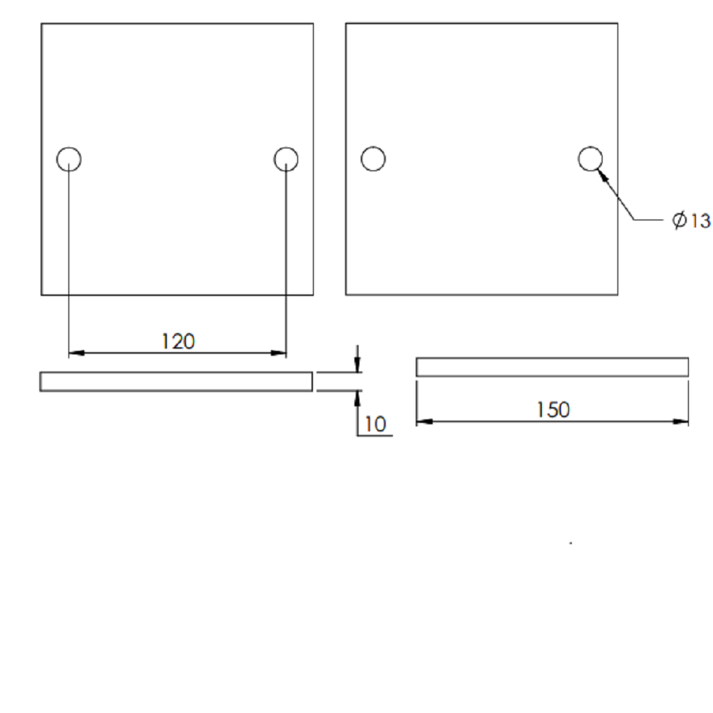 Ankerplatte 150 x 150mm, Stärke 10mm, mit zwei ø 13mm Rundlöcher, gelasert, Stahl roh