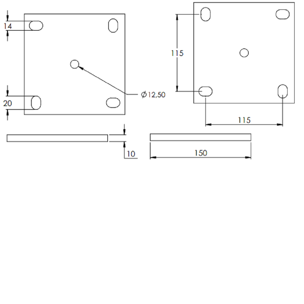 Ankerplatte 150 x 150mm, Stärke 10mm, mit vier 14 x 20mm Langlöcher und ø 12,5mm Mittelbohrung, gelasert, Stahl roh