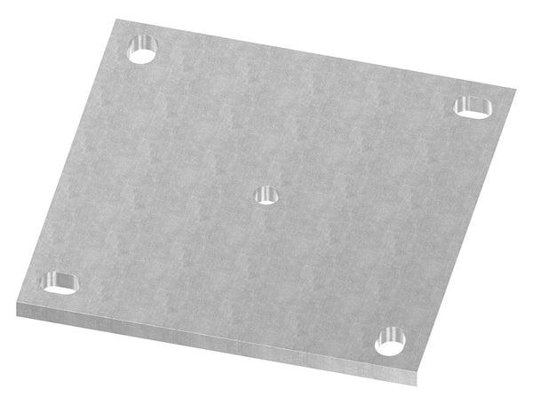 Ankerplatte 200 x 200mm, Stärke 10mm, mit vier 14 x 20mm Langlöcher und ø 12,5mm Mittelbohrung, gelasert, Stahl roh