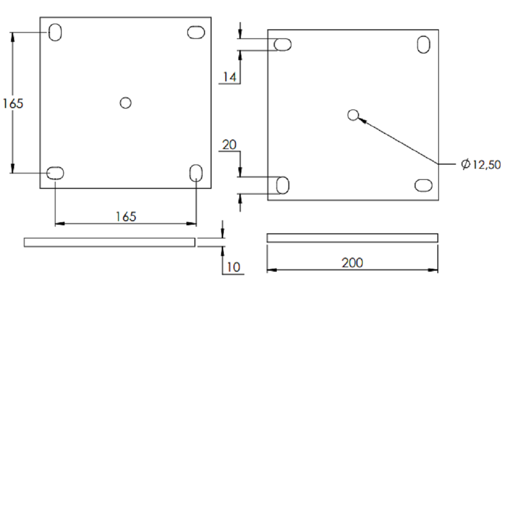 Ankerplatte 200 x 200mm, Stärke 10mm, mit vier 14 x 20mm Langlöcher und ø 12,5mm Mittelbohrung, gelasert, Stahl roh