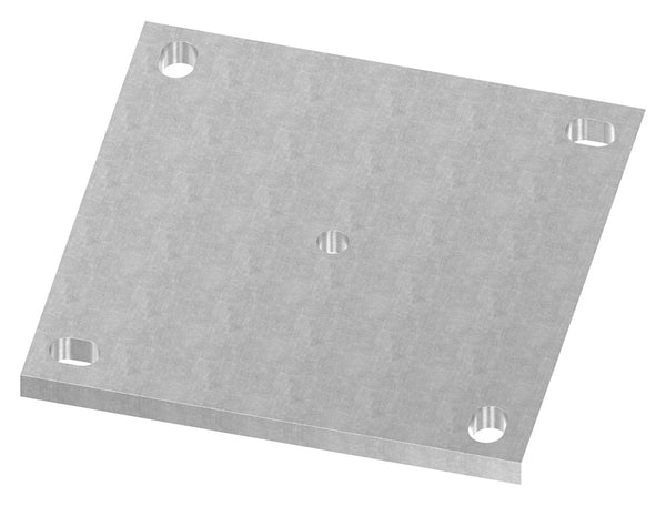 Ankerplatte 200 x 200mm, Stärke 12mm, mit vier 14 x 20mm Langlöcher und ø 12,5mm Mittelbohrung, gelasert, Stahl roh
