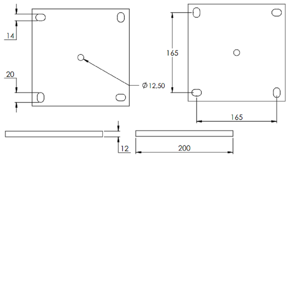 Ankerplatte 200 x 200mm, Stärke 12mm, mit vier 14 x 20mm Langlöcher und ø 12,5mm Mittelbohrung, gelasert, Stahl roh