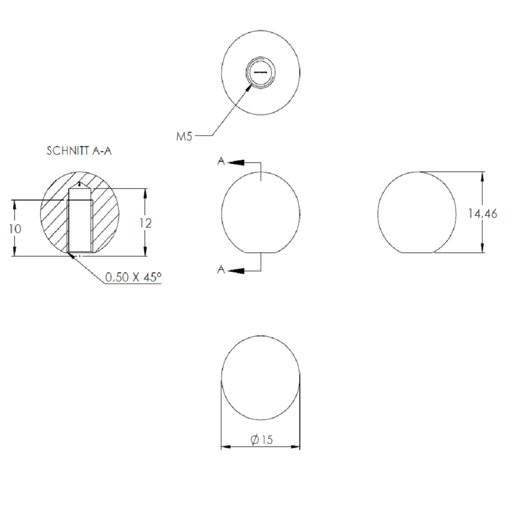Messingkugel aus V2A Edelstahl massiv, Messing beschichtet, ø 15mm, mit M5 Gewinde
