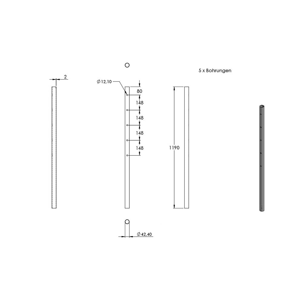 Geländerpfosten ø 42,4 x 2,0mm, mit 5 einseitigen ø 12mm Bohrungen, Länge 1190mm aus V2A Edelstahl
