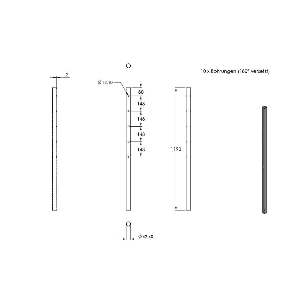 Geländerpfosten ø 42,4 x 2,0mm, mit fünf ø 12mm Durchgangsbohrungen, Länge 1190mm aus V2A Edelstahl