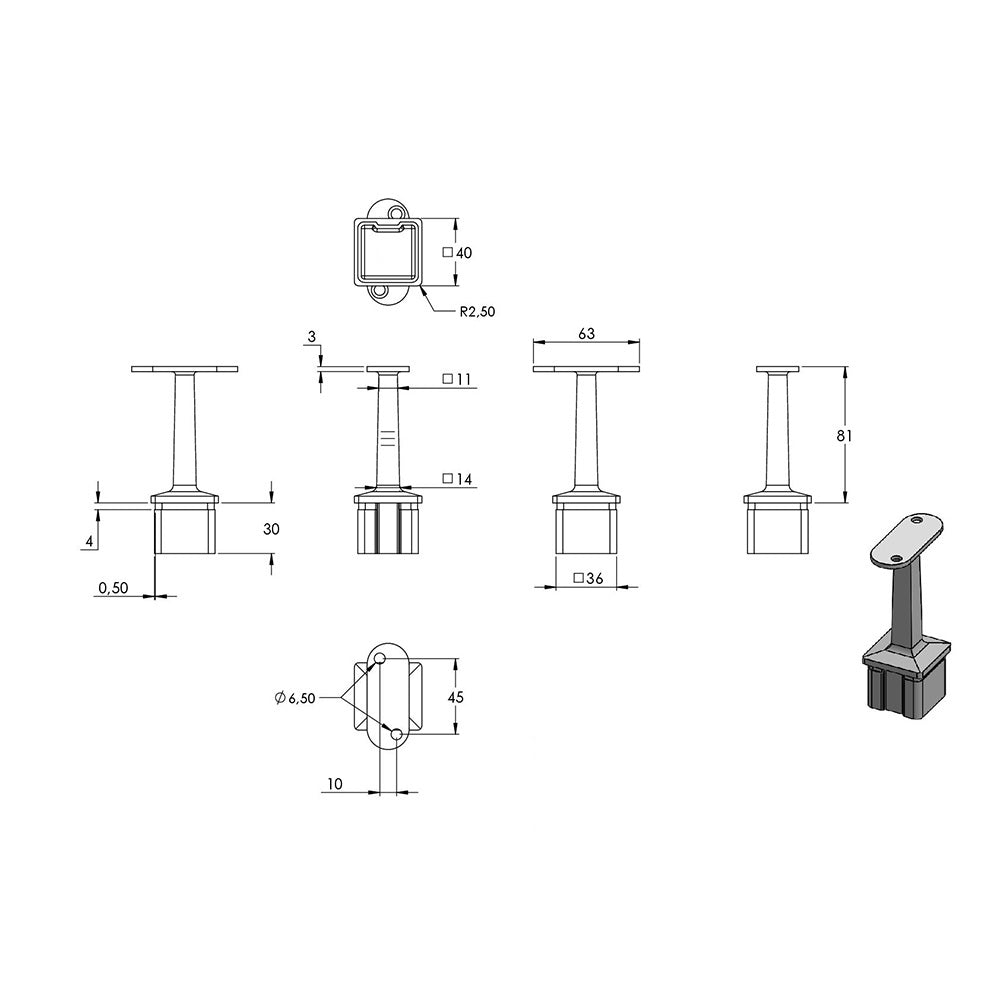 Handlaufstütze für 40 x 40 x 2,0mm Pfosten, mit Halteplatte für Vierkant-Handlauf