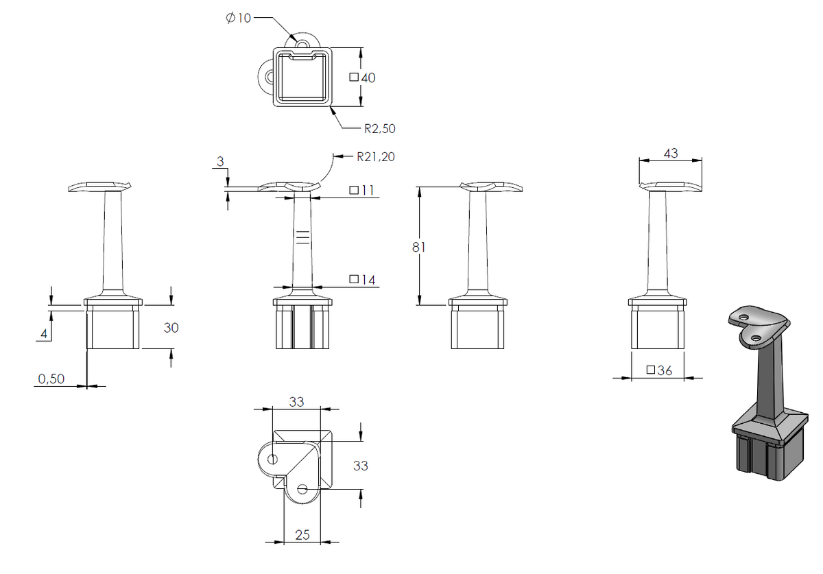 90° Handlaufstütze für 40 x 40 x 2,0mm Pfosten, mit Halteplatte für Handlauf ø 42,4mm