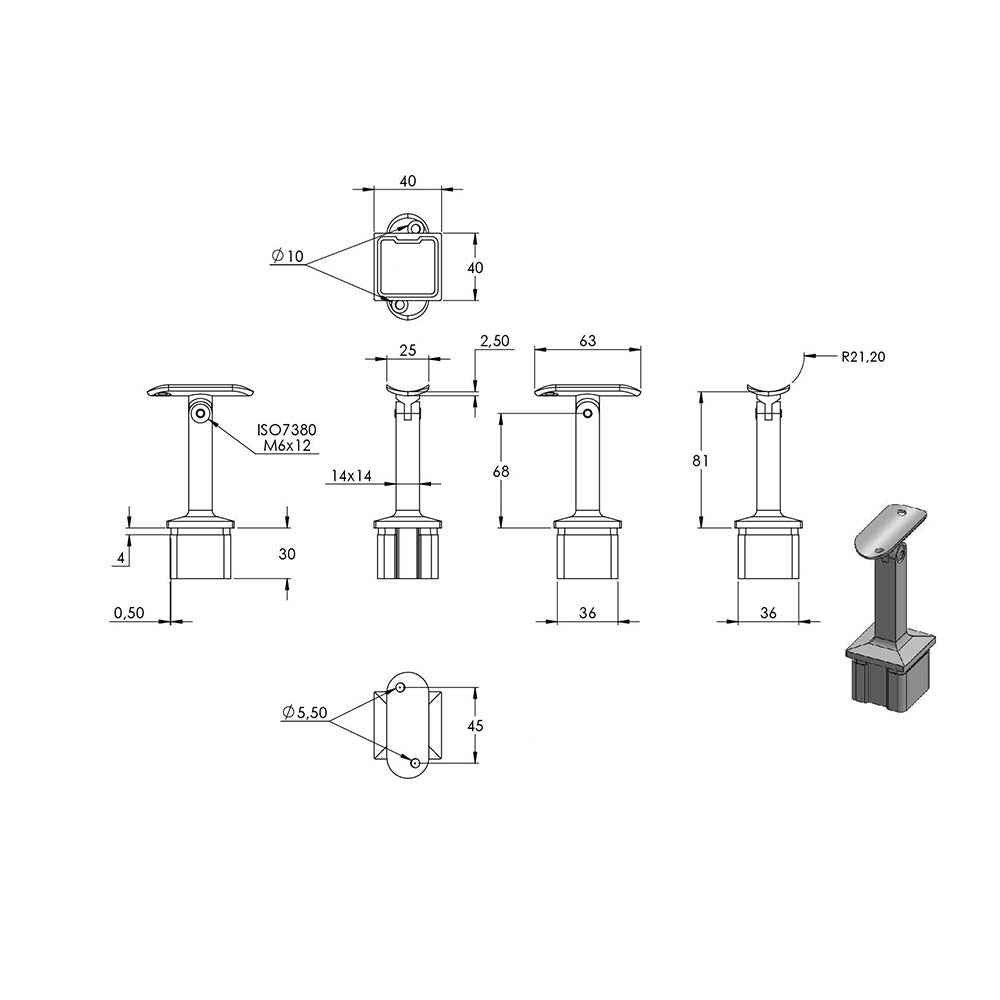 Handlaufstütze mit Gelenk für 40 x 40 x 2,0mm Pfosten, mit Halteplatte für ø 42,4mm Handlauf