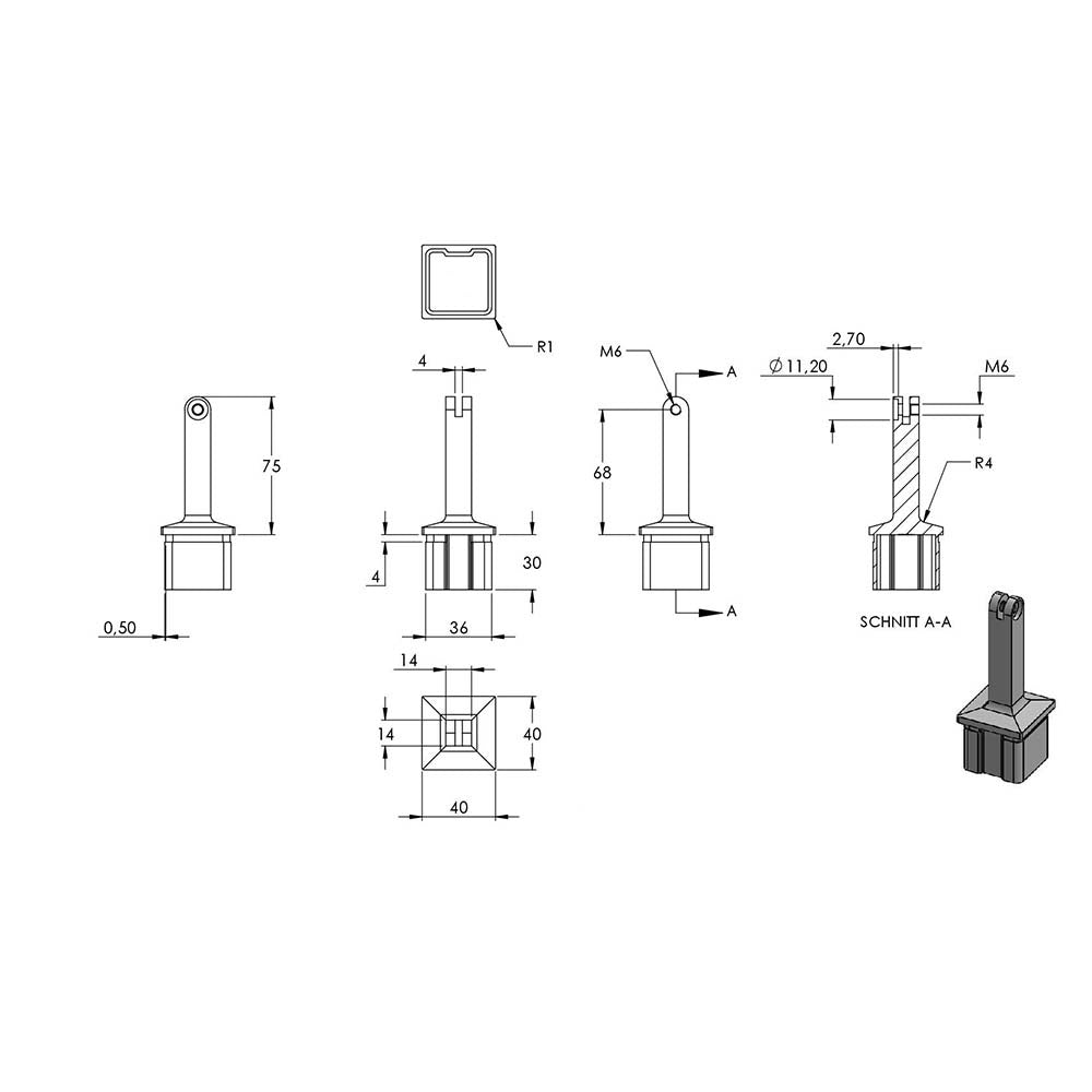 Handlaufstütze mit Gelenk für 40 x 40 x 2,0mm Pfosten, mit Halteplatte für ø 42,4mm Handlauf
