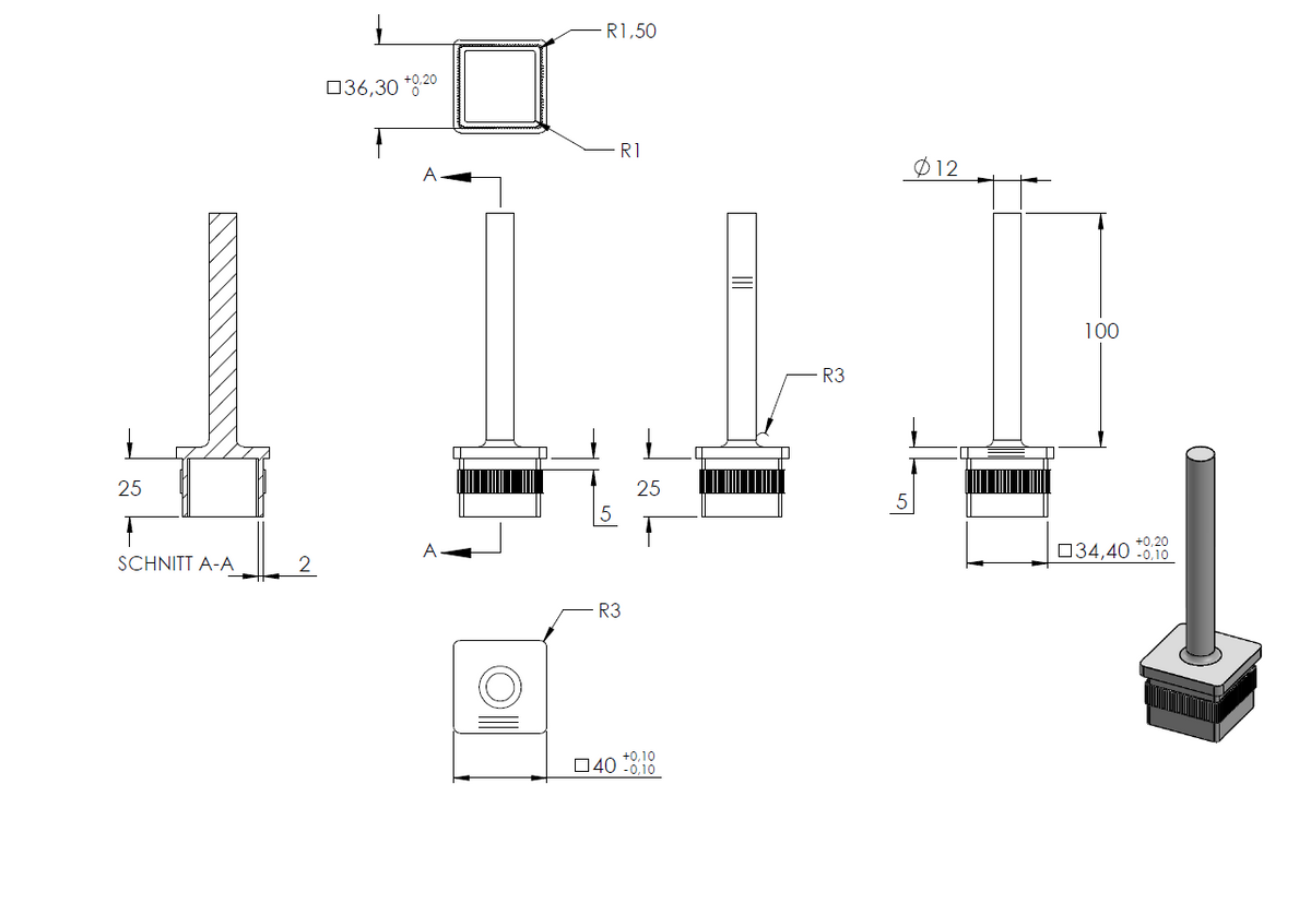 Handlaufstütze zum Einschlagen für 40 x 40 x 2,0mm Rohr, zum Anschweißen an Handlauf, Höhe 105mm