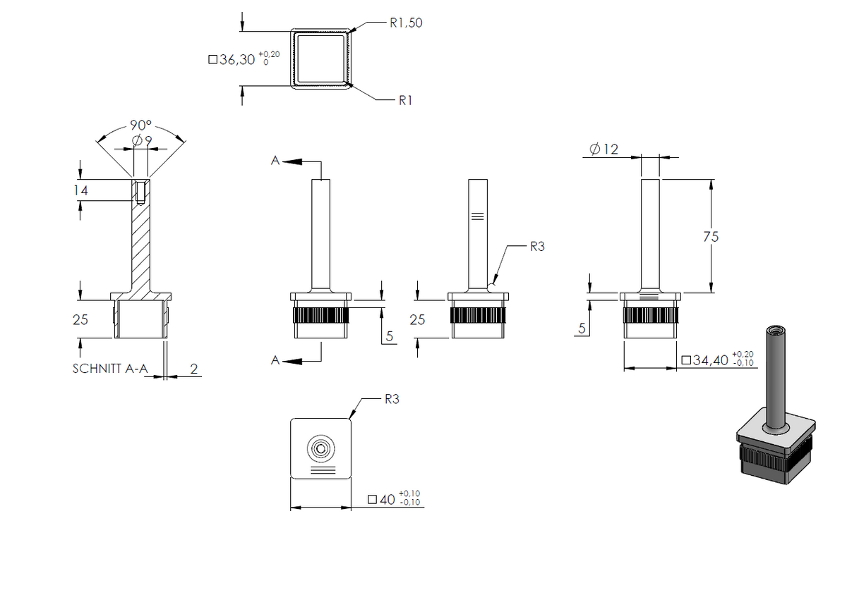 Handlaufstütze zum Einschlagen für 40 x 40 x 2,0mm Rohr, mit M6 Innengewinde, Höhe 80mm