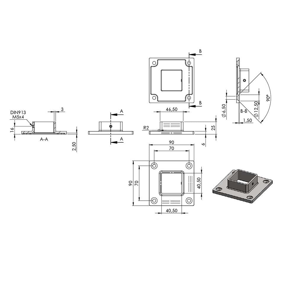 Wandflansch/Bodenanker, Platte ø 90 x 90 x 6mm, für Rohr 40 x 40 x 2mm mit Madenschraube seitlich