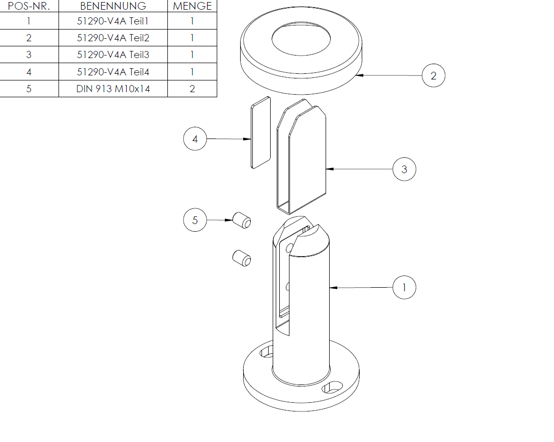 Boden-Glasklemme, abgerundet, für Glas 12,00 - 12,76mm, in V4A Edelstahl