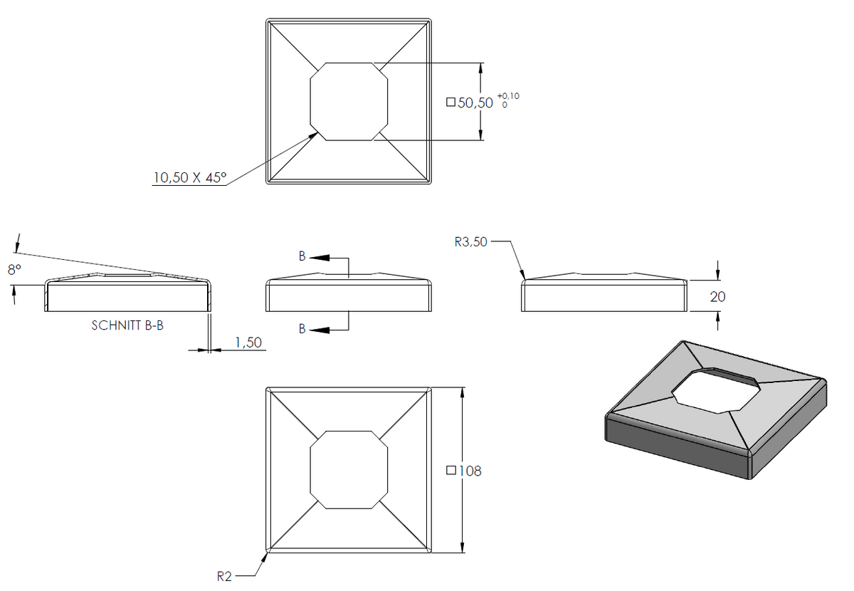 Boden-Glasklemme, eckig, für Glas 12,00 - 12,76mm, in V4A Edelstahl