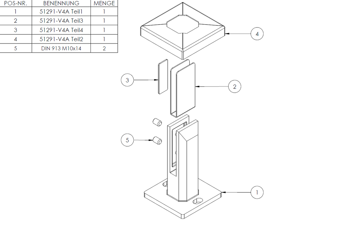 Boden-Glasklemme, eckig, für Glas 12,00 - 12,76mm, in V4A Edelstahl