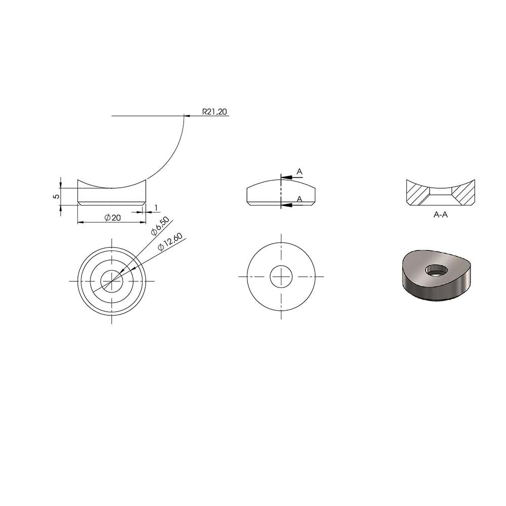 Ausgleichsstück mit Senkung für Anschluss ø 42,4mm, Außendurchmesser ø 20mm, Bohrung 6,5mm, in V2A